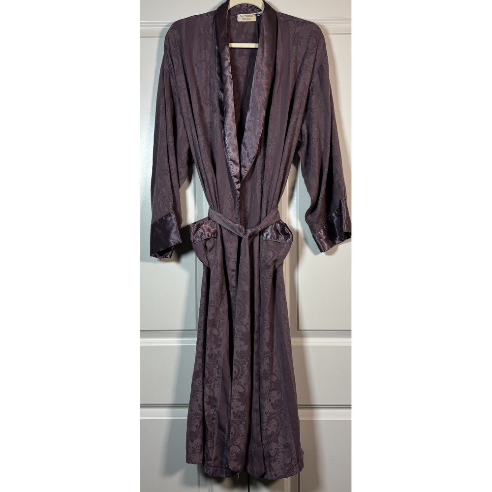 Vintage 80s Victoria's Secret Womens Robe Purple Floral Satin Shawl Collared M/L